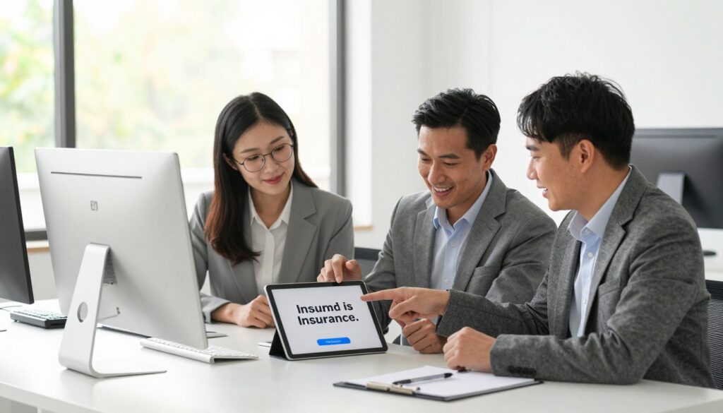 A clean, minimalist office setting with a professional workspace in the foreground, featuring a desktop with a digital tablet displaying a quote for insurance. In the middle, a diverse group of three people in professional business attire, including a woman with glasses and two men, are engaged in a discussion, pointing at the tablet and smiling, illustrating collaboration. In the background, a large window shows a bright, sunny day, filtering in soft natural light, creating an inviting atmosphere. The entire scene is well-composed, shot from a slightly elevated angle to capture the interaction between the subjects and the workspace harmoniously. The mood is optimistic and focused, reflecting a simplified and efficient buying process. A clean, minimalist office setting with a professional workspace in the foreground, featuring a desktop with a digital tablet displaying a quote for insurance. In the middle, a diverse group of three people in professional business attire, including a woman with glasses and two men, are engaged in a discussion, pointing at the tablet and smiling, illustrating collaboration. In the background, a large window shows a bright, sunny day, filtering in soft natural light, creating an inviting atmosphere. The entire scene is well-composed, shot from a slightly elevated angle to capture the interaction between the subjects and the workspace harmoniously. The mood is optimistic and focused, reflecting a simplified and efficient buying process.