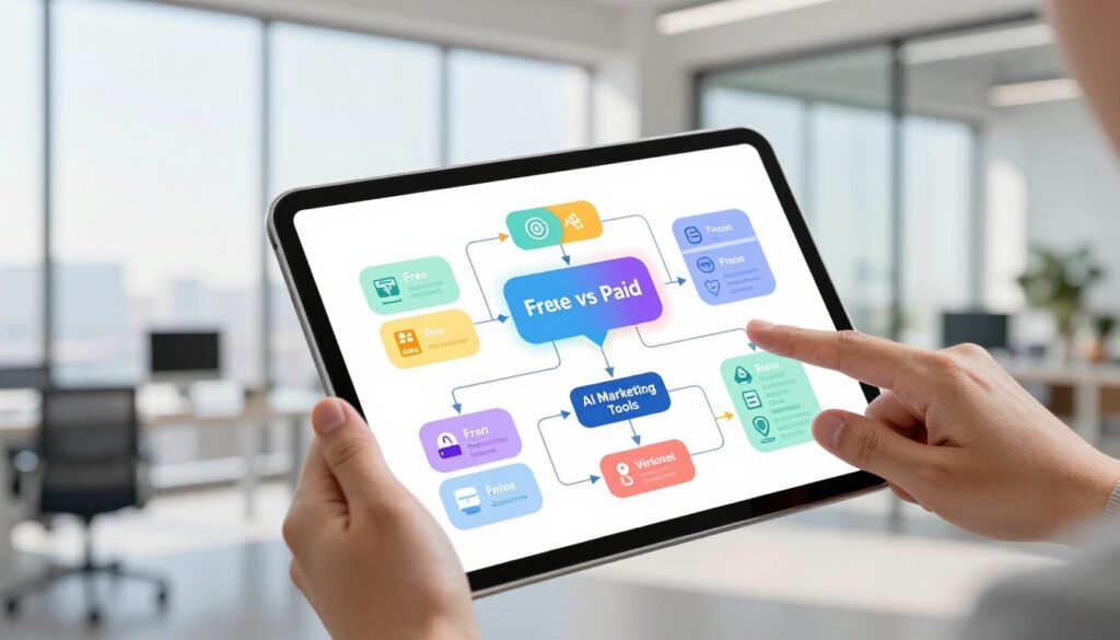 A conceptual illustration of a decision framework, featuring a visually engaging flowchart. In the foreground, include a pair of hands thoughtfully interacting with a digital tablet displaying key decision points and branching pathways. The middle ground shows a colorful infographic that contrasts free vs paid AI marketing tools, represented by icons and symbols. The background consists of a modern office setting with large windows allowing natural light to flood the space, creating a bright and optimistic atmosphere. Use a slightly elevated angle to capture the tablet and flowchart prominently, suggesting an analytical approach to decision-making. Aim for a professional, inspiring mood to reflect the importance of making informed choices in the fast-evolving world of AI marketing tools.