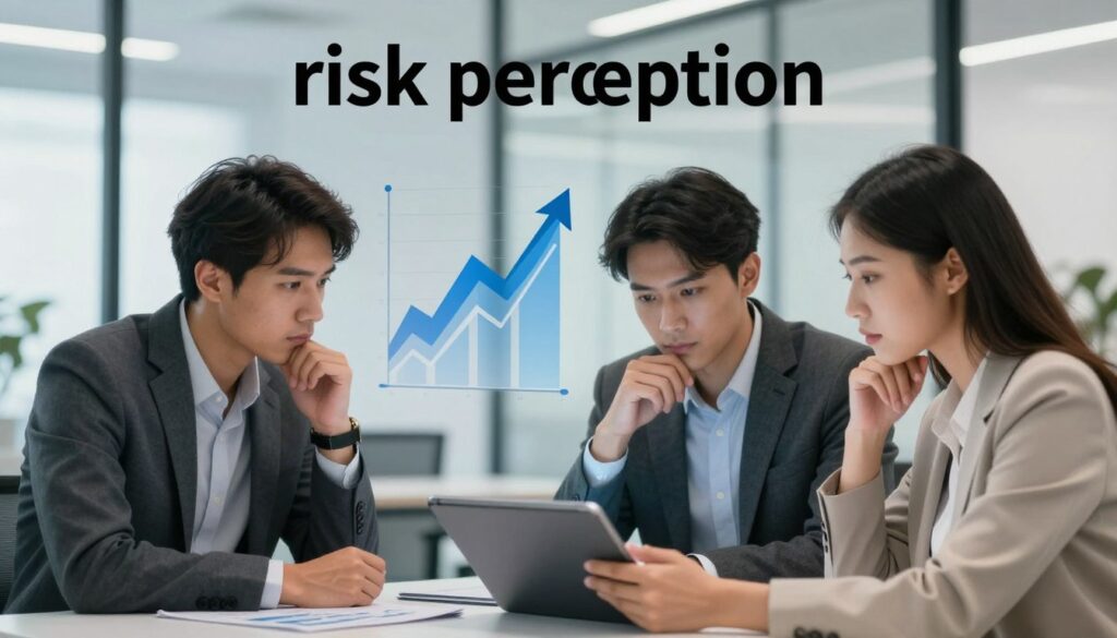 A conceptual illustration of "risk perception" in a professional setting. In the foreground, a diverse group of three individuals—two men and one woman—analyzing data on a digital tablet, dressed in smart business attire. Their focused expressions convey deep contemplation about uncertainty and decision-making. In the middle ground, an abstract representation of risk, such as shifting geometric shapes and graphs, symbolizing fluctuating perceptions of risk. The background features a modern office environment with glass windows, allowing soft, natural light to illuminate the scene, creating a calm yet intense atmosphere. The image should convey a sense of serious analysis and reflection, emphasizing the psychological aspects of risk and insurance.