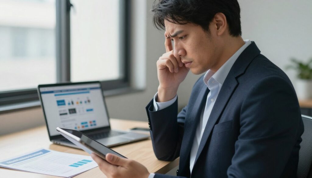 A concerned individual in professional attire stands in an office setting, looking thoughtfully at a blank chart on a digital tablet, symbolizing the uncertainties of health insurance coverage. In the foreground, focus on their expressive face, reflecting worry and contemplation. In the middle ground, a desk with health insurance pamphlets and a laptop displaying a health services website. The background shows a window with muted daylight streaming in, creating a soft, reassuring atmosphere, hinting at a hope for better health choices. Use a shallow depth of field to emphasize the individual while softly blurring the desk and window, capturing the mood of contemplation and concern about being uninsured.