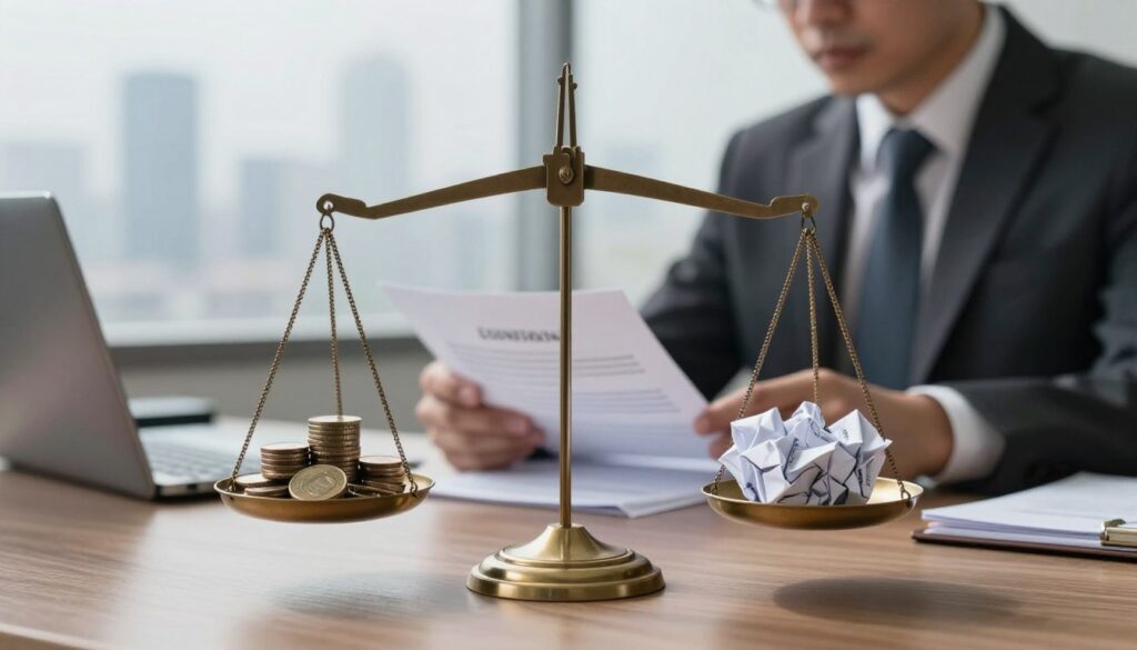 A delicate balance scale in the foreground, with one side holding a stack of precariously balanced coins and the other side weighed down by a crumpled contract symbolizing earned income. In the middle ground, an office setting with a professional in business attire thoughtfully reviewing financial documents. The background features a city skyline barely visible through a misty haze, suggesting uncertainty and fragility. Soft, diffused lighting creates a contemplative atmosphere, casting gentle shadows across the scene. The camera angle is slightly elevated, focusing on the scale to emphasize the precariousness of earned income. The overall mood conveys the tension between financial security and risk, illustrating the fragility of income protection.