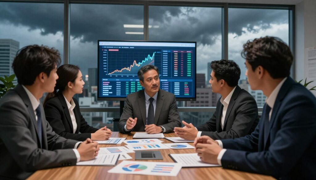 A detailed depiction of a conference room setting to illustrate risk assessment challenges. In the foreground, a diverse group of professionals in business attire (two men and one woman) are engaged in an animated discussion over complex charts and graphs laid out on a polished wooden table. In the middle, a large digital screen displays fluctuating statistics and risk analysis data, casting a soft glow over the scene. The background features a large window overlooking a city skyline, with stormy clouds brewing outside, symbolizing uncertainty and impending challenges. The atmosphere should convey a sense of urgency yet collaboration, with warm lighting illuminating the professionals, creating contrast with the darker, moody sky outside, while maintaining a focus on the teamwork involved in risk assessment.