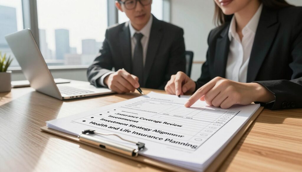 A detailed financial checklist displayed on a sleek wooden desk in a modern office setting. In the foreground, the checklist includes items like "Insurance Coverage Review," "Investment Strategy Alignment," and "Health and Life Insurance Planning," written in clear, organized bullet points. The middle ground features a pair of professional business professionals—one male and one female—dressed in smart business attire, engaged in discussion over the checklist, conveying collaboration and strategic planning. The background showcases a large window with natural light streaming in, revealing a cityscape that emphasizes a successful financial environment. The overall mood is one of focus and determination, with a touch of warmth from the sunlight. The camera angle is slightly angled downward, capturing both the checklist and the professionals in a dynamic composition.