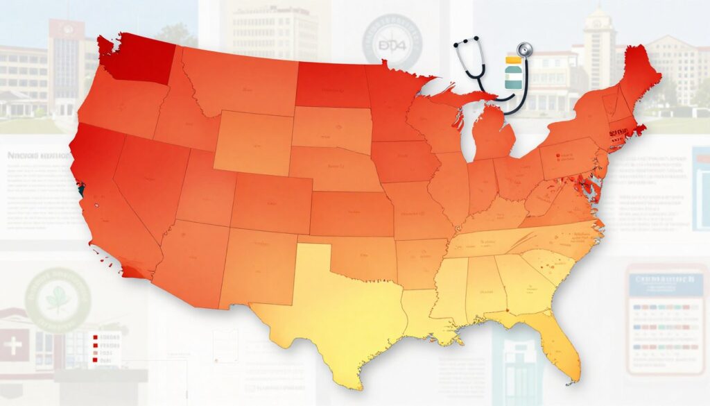 A detailed infographic-style illustration depicting the uninsured rates across various U.S. states. In the foreground, a vibrant map of the United States highlights states with high uninsured rates, using a color gradient ranging from deep red for the highest rates to soft yellow for the lowest. In the middle ground, symbols representing healthcare disparities, such as a stethoscope and pill bottle, interspersed among state outlines emphasize the impact of Medicaid expansion. The background features a subtle collage of healthcare-related imagery, like hospital buildings and insurance documents, to create context. The lighting is bright and engaging, with a focus on clarity and professionalism. The mood is informative and thought-provoking, conveying the serious implications of being uninsured while maintaining a polished and educational aesthetic.
