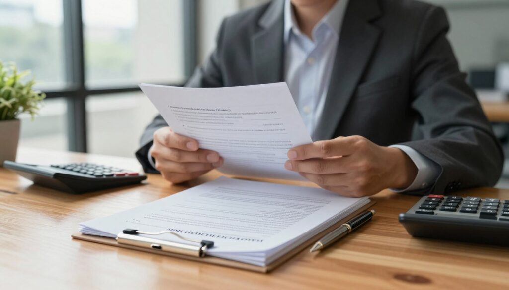 A detailed visual representation of an income protection insurance policy document set on a polished wooden desk. In the foreground, a neatly arranged stack of policy documents featuring bullet points outlining benefits and terms, with a sleek pen and a calculator beside them. In the middle, a professional-looking individual, dressed in smart business attire, studies the paperwork intently, conveying focus and confidence. The background showcases a modern office environment with a large window allowing natural light to fill the space, creating a warm and inviting atmosphere. Soft shadows enhance the depth, and an elegant plant is placed in the corner, adding a touch of tranquility and making the setting feel professional yet approachable. The overall mood should resonate with security and professionalism.