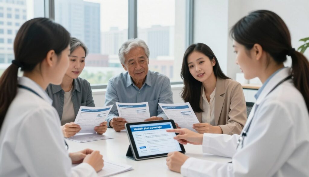 A diverse group of professionals in a well-lit, modern office discussing Medicaid and CHIP health coverage. In the foreground, a healthcare worker in a lab coat points to a digital tablet displaying health plan options. In the middle, two clients—one older and one a young mother with a child—look engaged and hopeful while examining plan brochures. The background features a large window with a view of a city skyline, symbolizing accessibility. Soft, natural light illuminates the scene, creating an optimistic and informative atmosphere. The composition captures a sense of community and support, highlighting the importance of understanding health coverage options available in 2025.