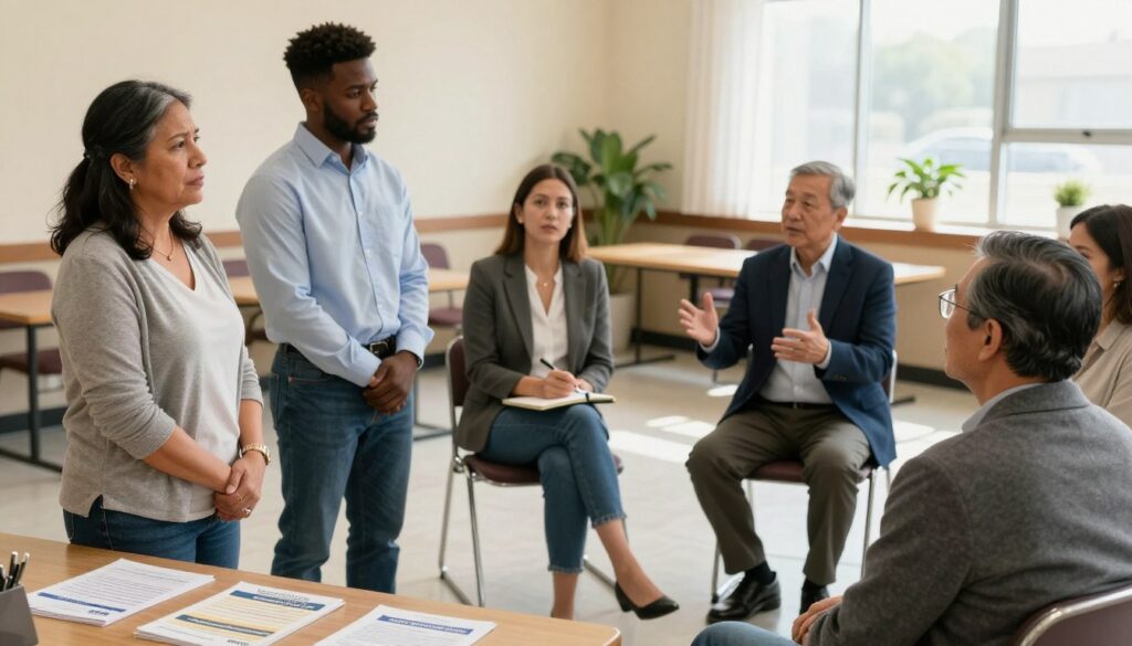 A diverse group of uninsured adults gathered in a community center, engaging in a discussion. In the foreground, a middle-aged Hispanic woman in modest casual clothing, looking concerned, stands near a table with pamphlets about health insurance. Beside her, a young Black man in a professional shirt and jeans, shows empathy as he listens intently. In the middle, a white woman in smart casual attire takes notes, while an older Asian man, dressed in a blazer, gestures passionately about health coverage issues. The background features a warm, well-lit room with welcoming décor, and a large window allows natural light to filter in. The mood is earnest and reflective, capturing the serious impact of being uninsured on individuals' lives.