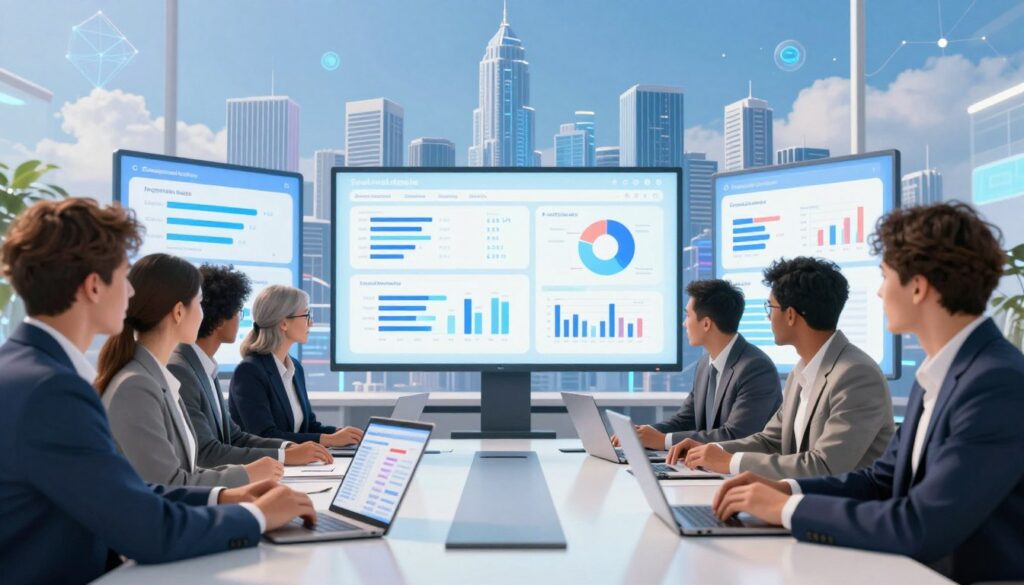 A dynamic illustration showcasing the transformative impact of AI on social media marketing. In the foreground, a diverse group of professionals in business attire collaborates around a sleek, modern conference table with laptops displaying AI analytics. In the middle ground, digital screens visualize key metrics such as engagement rates, audience demographics, and content performance, bathed in bright, inviting light. The background features a futuristic city skyline, symbolizing rapid digital growth and connectivity, under a clear blue sky. The overall atmosphere is one of innovation and collaboration, with an emphasis on cutting-edge technology illuminating the future of social media marketing. The composition is vibrant and engaging, capturing the essence of AI as a catalyst for change in the industry. A dynamic illustration showcasing the transformative impact of AI on social media marketing. In the foreground, a diverse group of professionals in business attire collaborates around a sleek, modern conference table with laptops displaying AI analytics. In the middle ground, digital screens visualize key metrics such as engagement rates, audience demographics, and content performance, bathed in bright, inviting light. The background features a futuristic city skyline, symbolizing rapid digital growth and connectivity, under a clear blue sky. The overall atmosphere is one of innovation and collaboration, with an emphasis on cutting-edge technology illuminating the future of social media marketing. The composition is vibrant and engaging, capturing the essence of AI as a catalyst for change in the industry.