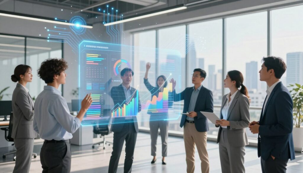 A dynamic scene depicting marketing growth insights through a digital interface. In the foreground, a diverse group of professionals in business attire examines a floating holographic display filled with colorful graphs, charts, and data visualizations representing AI-driven strategies. The middle ground features a modern office environment, with sleek furniture and large windows showcasing a panoramic city view symbolizing progress. In the background, soft-focus elements such as an abstract representation of AI technology, like circuit patterns and light particles, weave through the scene. The lighting is bright and energetic, with natural daylight streaming in, creating a sense of optimism and innovation. The overall mood conveys excitement about the potential of AI in marketing, emphasizing growth and collaboration. A dynamic scene depicting marketing growth insights through a digital interface. In the foreground, a diverse group of professionals in business attire examines a floating holographic display filled with colorful graphs, charts, and data visualizations representing AI-driven strategies. The middle ground features a modern office environment, with sleek furniture and large windows showcasing a panoramic city view symbolizing progress. In the background, soft-focus elements such as an abstract representation of AI technology, like circuit patterns and light particles, weave through the scene. The lighting is bright and energetic, with natural daylight streaming in, creating a sense of optimism and innovation. The overall mood conveys excitement about the potential of AI in marketing, emphasizing growth and collaboration.
