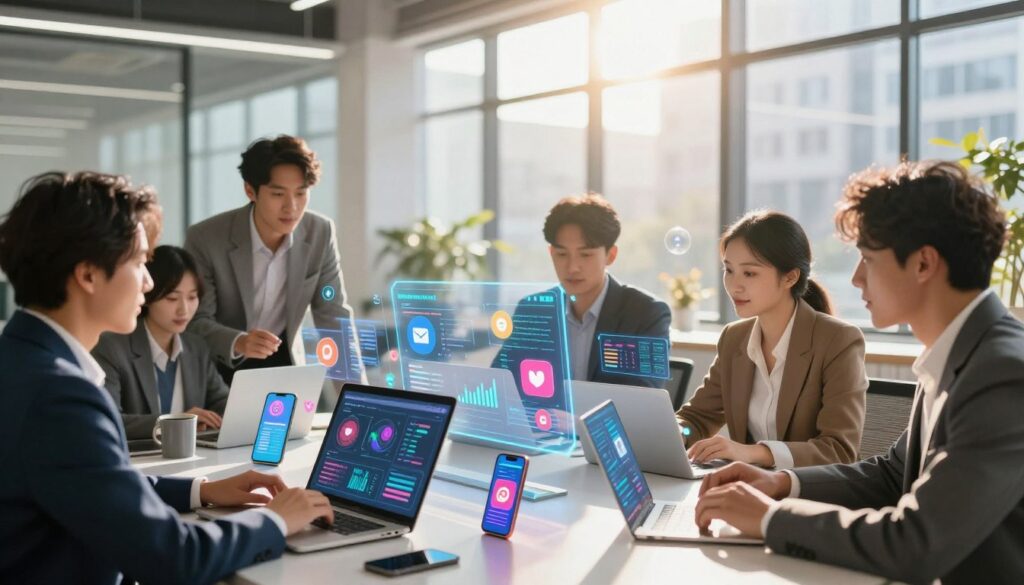 A dynamic scene showcasing the AI revolution in social media marketing. In the foreground, a diverse group of professionals in smart business attire collaboratively analyzing data on futuristic holographic screens that display social media metrics and graphs. In the middle ground, an array of digital devices like laptops and smartphones, featuring vibrant social media icons and AI-driven analytics. The background features an urban office space with large windows, bright sunlight streaming in, creating a warm and optimistic atmosphere. Soft bokeh effects add depth to the scene. The overall mood is energetic and innovative, emphasizing the transformative power of AI in marketing. Use a wide-angle lens to capture the full interaction, with high contrast lighting to highlight the technology. A dynamic scene showcasing the AI revolution in social media marketing. In the foreground, a diverse group of professionals in smart business attire collaboratively analyzing data on futuristic holographic screens that display social media metrics and graphs. In the middle ground, an array of digital devices like laptops and smartphones, featuring vibrant social media icons and AI-driven analytics. The background features an urban office space with large windows, bright sunlight streaming in, creating a warm and optimistic atmosphere. Soft bokeh effects add depth to the scene. The overall mood is energetic and innovative, emphasizing the transformative power of AI in marketing. Use a wide-angle lens to capture the full interaction, with high contrast lighting to highlight the technology.