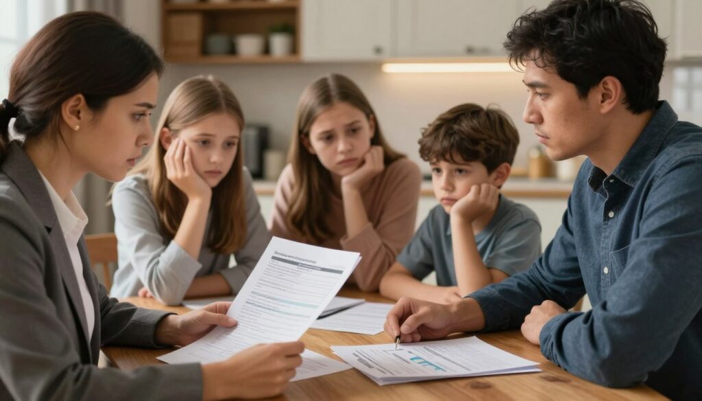 A family gathered around a dining table, looking concerned as they review medical bills and insurance paperwork. In the foreground, a worried mother in business attire holds documents while a father in smart casual wear listens attentively. Their teenage daughter and young son sit across from them, displaying a mix of confusion and concern. In the middle, a detailed depiction of insurance papers, highlighting rising premiums and financial charts, can be seen on the table. The background features a cozy kitchen with warm lighting, suggesting warmth yet underscoring a serious discussion. The mood is tense yet intimate, capturing the pressing realities of job-based insurance coverage gaps and the financial burden it brings.