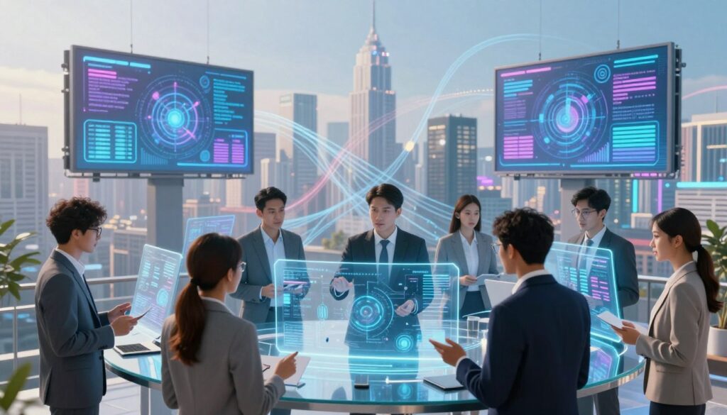 A futuristic marketing landscape showcasing the integration of intelligent AI-driven tools. In the foreground, a diverse group of professionals in business attire analyze data on sleek, holographic screens, engaged in collaborative discussions. The middle ground features a vibrant city skyline with digital billboards displaying abstract marketing metrics. In the background, soft glows of light illustrate the flow of data streams connecting various elements. The atmosphere is dynamic and forward-thinking, emphasizing innovation and collaboration. Use bright, natural lighting to enhance the clarity of the professionals' expressions and the glow of technology. Capture the scene from a slightly elevated angle to convey depth and progress in the marketing landscape, evoking a sense of excitement and potential in the new era of intelligent marketing.