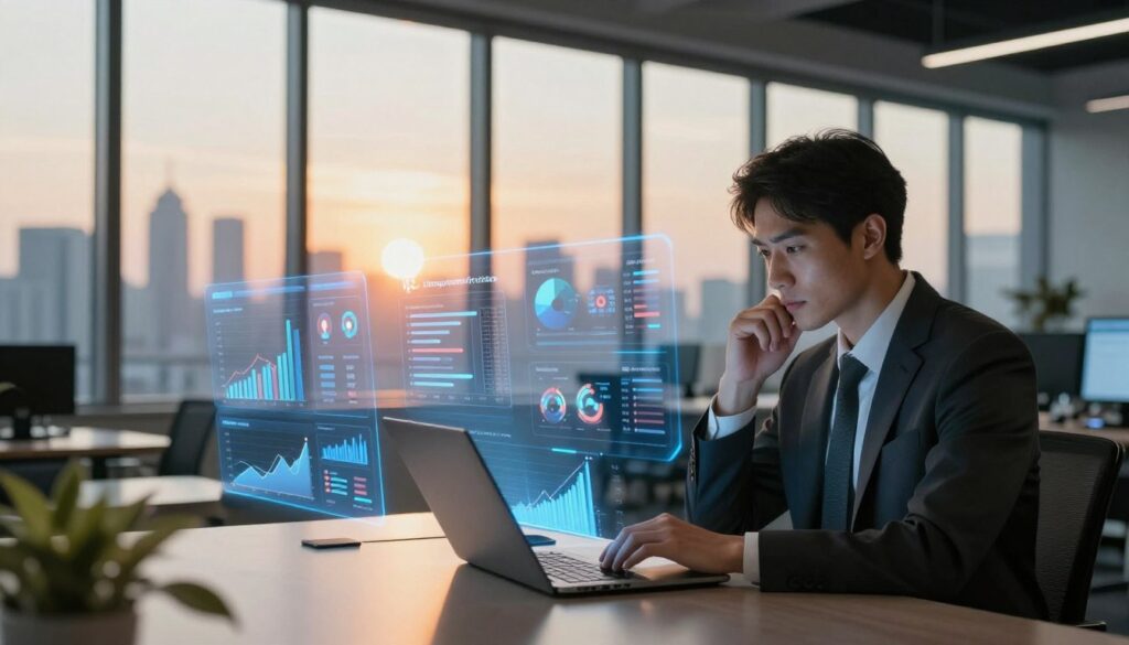 A futuristic office environment filled with high-tech screens displaying graphs and analytical data related to social media metrics. In the foreground, a professional analyst in business attire examines the data on a sleek laptop, with a look of concentration. In the middle, multiple floating digital interfaces showcase analytics like engagement rates, user demographics, and trend patterns, glowing softly. The background is filled with large windows providing a panoramic city view, where the setting sun casts a warm golden light into the space, enhancing the productive atmosphere. The overall mood should be one of innovation and insight, evoking the power of AI in transforming raw data into actionable business strategies for social media marketing. A futuristic office environment filled with high-tech screens displaying graphs and analytical data related to social media metrics. In the foreground, a professional analyst in business attire examines the data on a sleek laptop, with a look of concentration. In the middle, multiple floating digital interfaces showcase analytics like engagement rates, user demographics, and trend patterns, glowing softly. The background is filled with large windows providing a panoramic city view, where the setting sun casts a warm golden light into the space, enhancing the productive atmosphere. The overall mood should be one of innovation and insight, evoking the power of AI in transforming raw data into actionable business strategies for social media marketing.