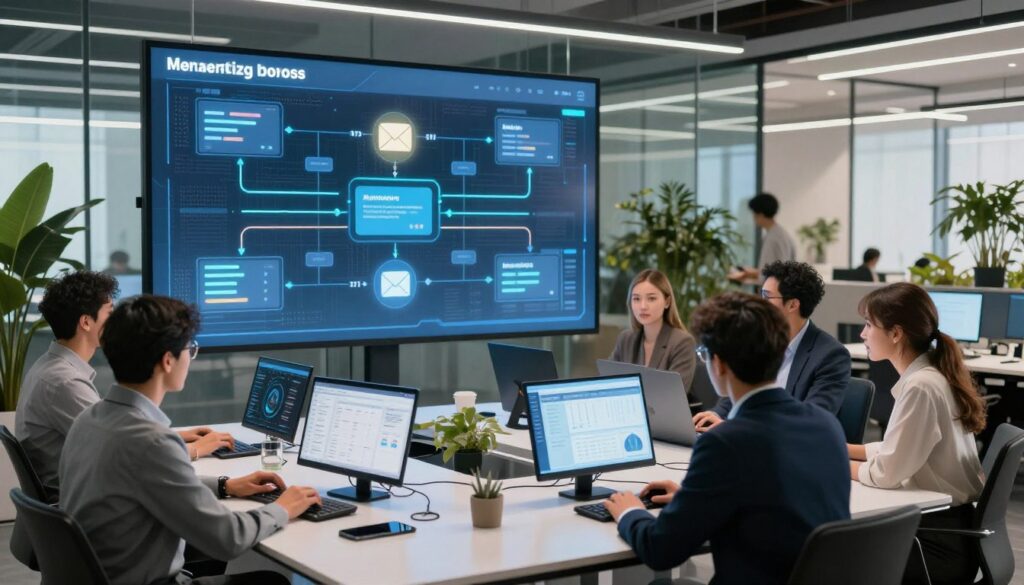 A futuristic office environment showcasing workflow automation in action. In the foreground, a diverse team of professionals—men and women—dressed in smart business attire, collaboratively engaged around a sleek, modern table with digital devices displaying AI marketing tools and analytics. In the middle ground, a large smart screen visualizes automated workflows with flowing lines connecting various marketing tasks and icons representing data analysis, email campaigns, and scheduling. The background features glass-walled workspaces filled with greenery, soft natural lighting streaming in, creating a productive and innovative atmosphere. Use a wide-angle lens to capture the dynamic interaction and technological ambiance, emphasizing a sense of efficiency and modernity. The overall mood should be inspiring and forward-looking, symbolizing growth through automation. A futuristic office environment showcasing workflow automation in action. In the foreground, a diverse team of professionals—men and women—dressed in smart business attire, collaboratively engaged around a sleek, modern table with digital devices displaying AI marketing tools and analytics. In the middle ground, a large smart screen visualizes automated workflows with flowing lines connecting various marketing tasks and icons representing data analysis, email campaigns, and scheduling. The background features glass-walled workspaces filled with greenery, soft natural lighting streaming in, creating a productive and innovative atmosphere. Use a wide-angle lens to capture the dynamic interaction and technological ambiance, emphasizing a sense of efficiency and modernity. The overall mood should be inspiring and forward-looking, symbolizing growth through automation.