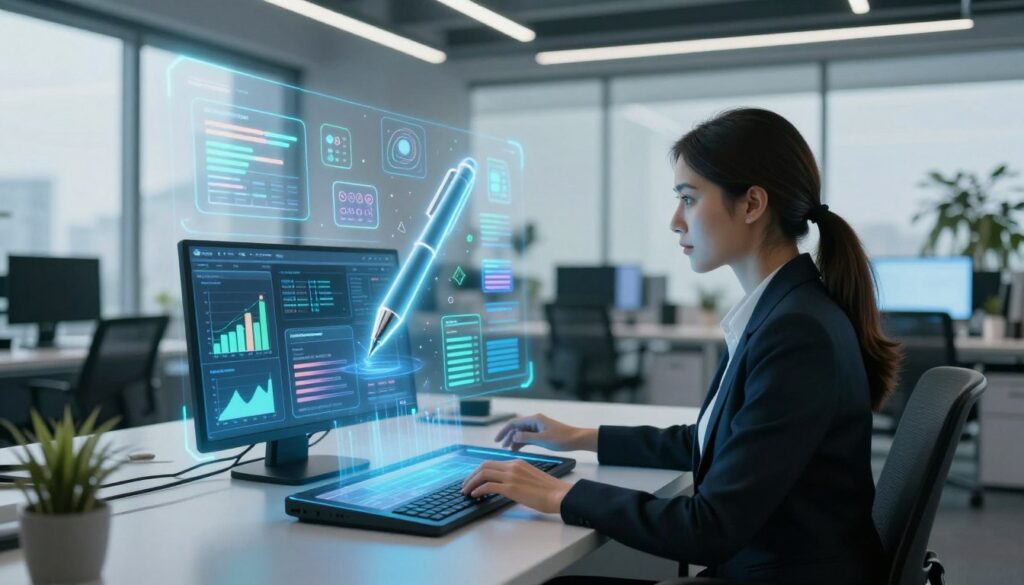 A futuristic office space filled with advanced AI-powered content creation and optimization tools. In the foreground, a professional woman in smart business attire is interacting with a sleek touchscreen interface displaying graphs and content analytics. In the middle, a holographic projection of a digital pen and creative content ideas appears above the table, illustrating the innovation and dynamism of AI tools. The background features a modern office with large windows, allowing natural light to flood in, creating an inspiring and collaborative atmosphere. Soft blue and green lighting enhances the tech-forward vibe, while the overall image conveys a sense of efficiency, creativity, and professional growth. The angle is slightly elevated, capturing both the user’s engagement with the technology and the innovative workspace around her.