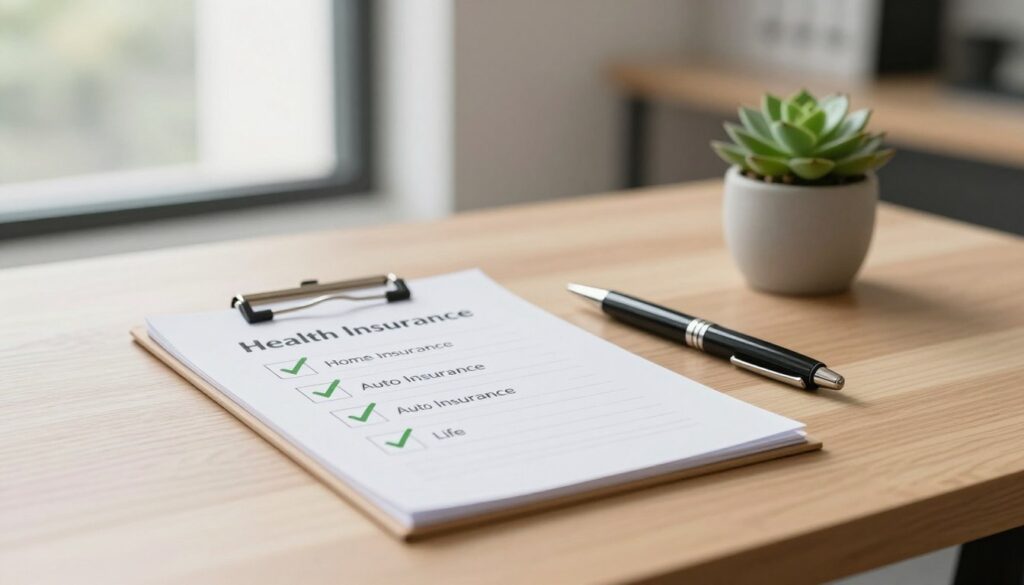 A minimalist insurance checklist, elegantly displayed on a light wooden desk. In the foreground, a neatly organized checklist featuring simple icons for essential items: health insurance, home insurance, auto insurance, and life insurance, all ticked off with green checkmarks. In the middle ground, a stylish, modern pen lays next to the checklist, alongside a small, potted succulent that adds a touch of green. The background features a softly blurred office environment, with natural light filtering in through a large window, creating a warm and inviting atmosphere. The overall mood is calm and professional, reflecting a sense of clarity and simplicity in choosing necessary insurance. The image should be captured with a shallow depth of field to emphasize the checklist, using soft, diffused lighting to enhance the minimalist aesthetic. A minimalist insurance checklist, elegantly displayed on a light wooden desk. In the foreground, a neatly organized checklist featuring simple icons for essential items: health insurance, home insurance, auto insurance, and life insurance, all ticked off with green checkmarks. In the middle ground, a stylish, modern pen lays next to the checklist, alongside a small, potted succulent that adds a touch of green. The background features a softly blurred office environment, with natural light filtering in through a large window, creating a warm and inviting atmosphere. The overall mood is calm and professional, reflecting a sense of clarity and simplicity in choosing necessary insurance. The image should be captured with a shallow depth of field to emphasize the checklist, using soft, diffused lighting to enhance the minimalist aesthetic.