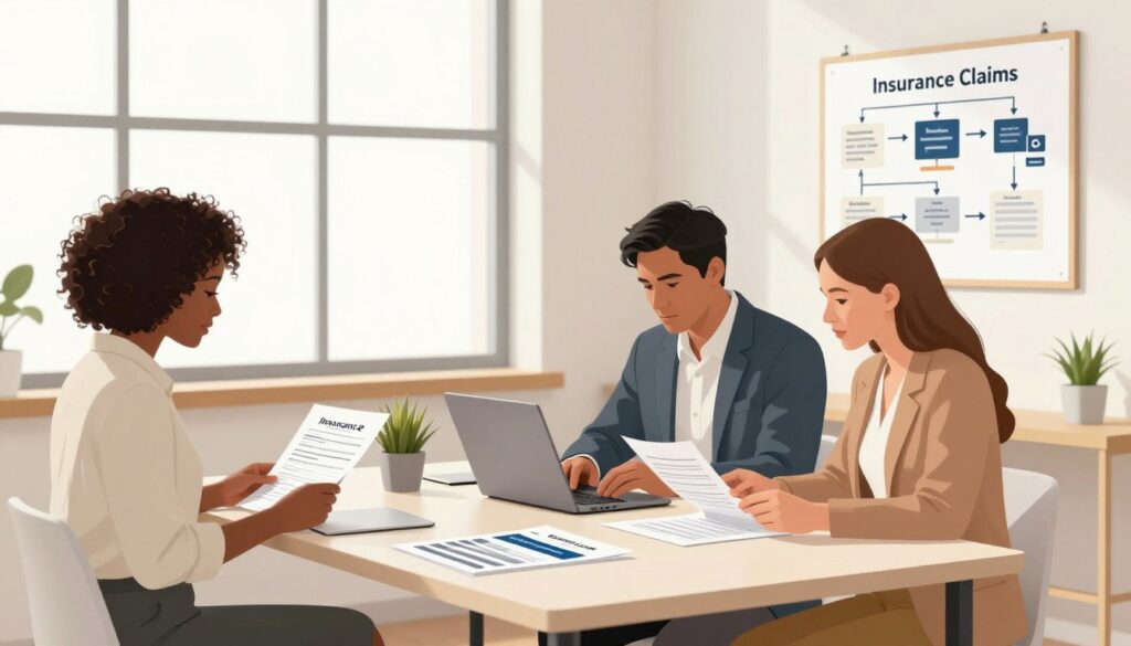 A minimalist insurance claims process illustration, featuring a clean, organized office environment. In the foreground, a diverse group of professionals in smart business attire—an African American woman scanning documents, a Hispanic man reviewing a laptop, and a Caucasian woman pointing to a claims form. In the middle ground, a large window allows soft, natural light to flood the space, creating a warm and inviting atmosphere. A sleek table with minimalistic designs holds a plant and a few insurance brochures. In the background, a wall-mounted bulletin board displays flowcharts of the claims process, emphasizing clarity and efficiency. The overall mood is focused and collaborative, highlighting a straightforward approach to insurance claims. A minimalist insurance claims process illustration, featuring a clean, organized office environment. In the foreground, a diverse group of professionals in smart business attire—an African American woman scanning documents, a Hispanic man reviewing a laptop, and a Caucasian woman pointing to a claims form. In the middle ground, a large window allows soft, natural light to flood the space, creating a warm and inviting atmosphere. A sleek table with minimalistic designs holds a plant and a few insurance brochures. In the background, a wall-mounted bulletin board displays flowcharts of the claims process, emphasizing clarity and efficiency. The overall mood is focused and collaborative, highlighting a straightforward approach to insurance claims.