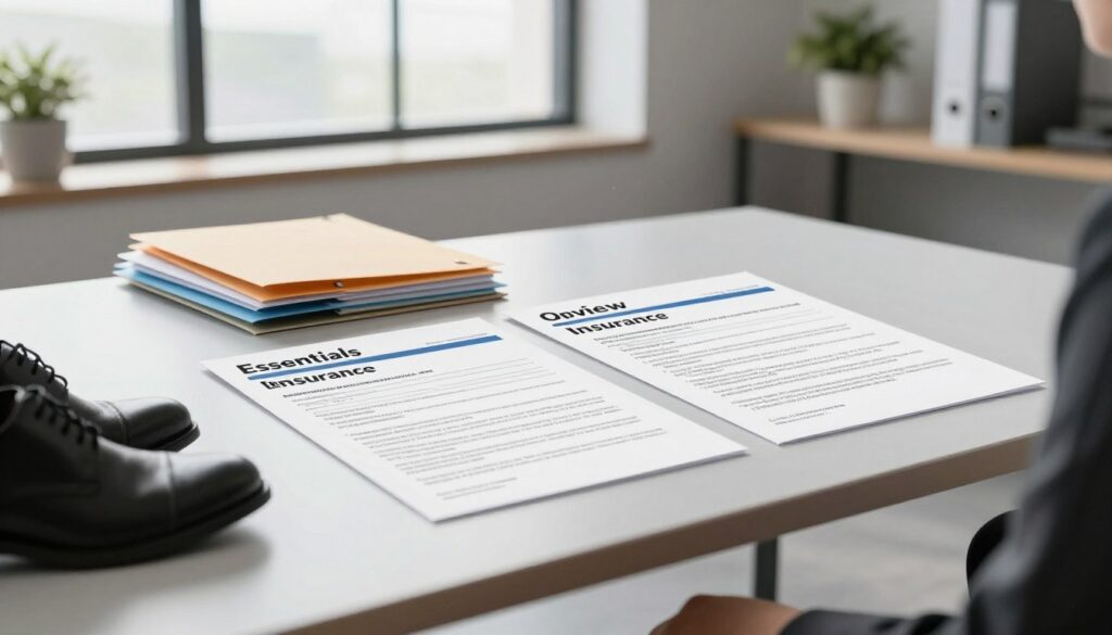 A minimalist office space with overlapping insurance documents spread out on a sleek, modern desk. In the foreground, a pair of professional business shoes is visible, indicating a hidden figure standing thoughtfully. In the middle, stacked folders labeled "Essentials," "Optional," and "Review" represent the various layers of insurance, each with a contrasting color scheme. In the background, a large window casts soft, natural light into the room, illuminating the dust particles floating in the air, symbolizing clarity. A potted plant sits on a shelf, adding a touch of life and balance. The overall mood is calm and focused, reflecting the theme of simplifying insurance choices. The angle is slightly tilted, adding a dynamic perspective while maintaining a professional atmosphere. A minimalist office space with overlapping insurance documents spread out on a sleek, modern desk. In the foreground, a pair of professional business shoes is visible, indicating a hidden figure standing thoughtfully. In the middle, stacked folders labeled "Essentials," "Optional," and "Review" represent the various layers of insurance, each with a contrasting color scheme. In the background, a large window casts soft, natural light into the room, illuminating the dust particles floating in the air, symbolizing clarity. A potted plant sits on a shelf, adding a touch of life and balance. The overall mood is calm and focused, reflecting the theme of simplifying insurance choices. The angle is slightly tilted, adding a dynamic perspective while maintaining a professional atmosphere.