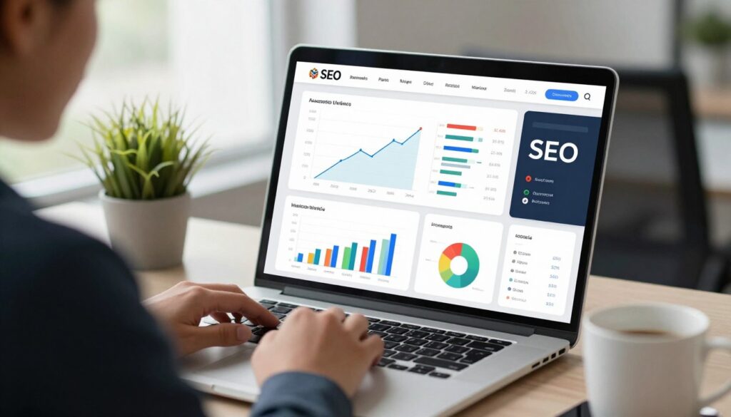 A modern SEO optimization platform interface displayed on a sleek laptop screen in a professional office environment. In the foreground, a focused business professional, dressed in smart attire, is analyzing metrics and charts representing website rankings, keyword performance, and content effectiveness. The middle layer features vibrant graphs and colorful data points illustrating SEO analytics, with an interactive dashboard showcasing AI-driven recommendations. The background includes a minimalistic office setup with a potted plant and soft natural light filtering through a large window, creating an inspiring atmosphere. The image is well-lit, capturing a blend of soft shadows and highlights to enhance clarity and focus on the digital content. The camera angle is slightly elevated, emphasizing the screen's details while maintaining a professional ambiance.