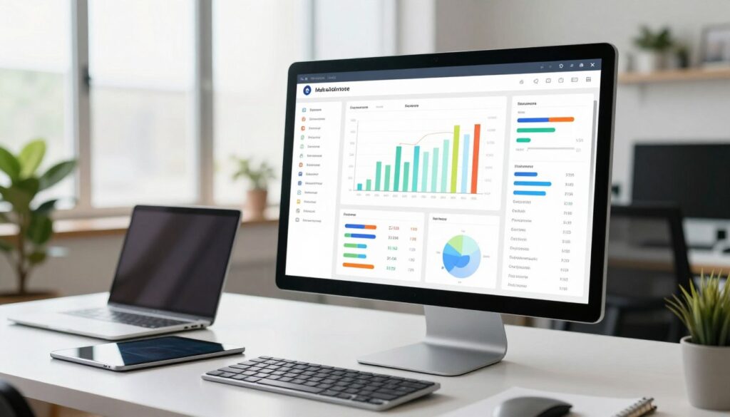 A modern all-in-one marketing automation platform dashboard displayed on a sleek computer monitor in a bright, professional office setting. The foreground features a detailed, colorful dashboard interface with graphs, charts, and analytics, showcasing key performance indicators and campaign metrics. The middle ground includes a stylish desk with a laptop, digital tablet, and a notepad, suggesting a productive workspace. In the background, large windows allow natural light to flood the room, illuminating plants and contemporary office decor. The atmosphere conveys a sense of innovation and efficiency, compelling viewers to connect with the cutting-edge technology. The scene is shot with a slightly angled perspective to highlight the dashboard's intricacies while maintaining a clean, organized look. Ideal for a professional and inspiring ambiance.