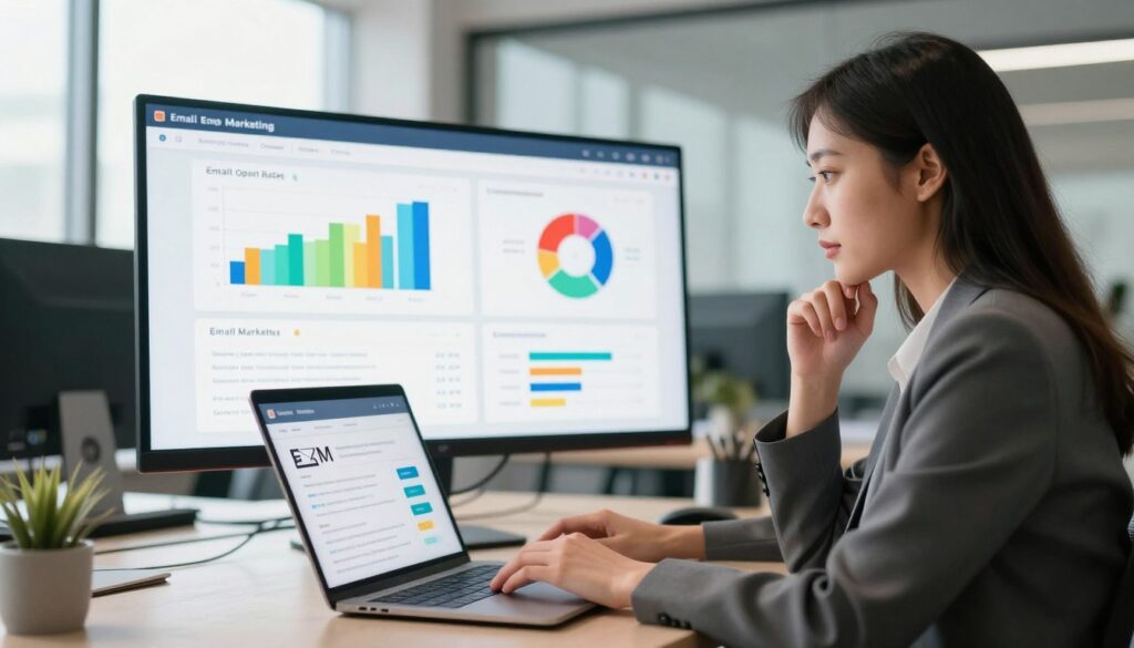 A modern digital workspace highlighting email marketing tools and artificial intelligence. In the foreground, a professional woman in smart business attire looks thoughtfully at her laptop screen, analyzing email analytics, her expression focused and engaged. In the middle ground, a large graphic display shows colorful charts and statistics related to email open rates and engagement levels. The background features a sleek office setting with large windows letting in bright daylight, casting soft shadows and creating a warm, inviting atmosphere. The overall mood is dynamic and inspiring, reflecting the innovative changes AI is bringing to email marketing in the United States. Use a slight depth of field to keep the focus on the woman and her work, while maintaining clarity of the graphs behind her.