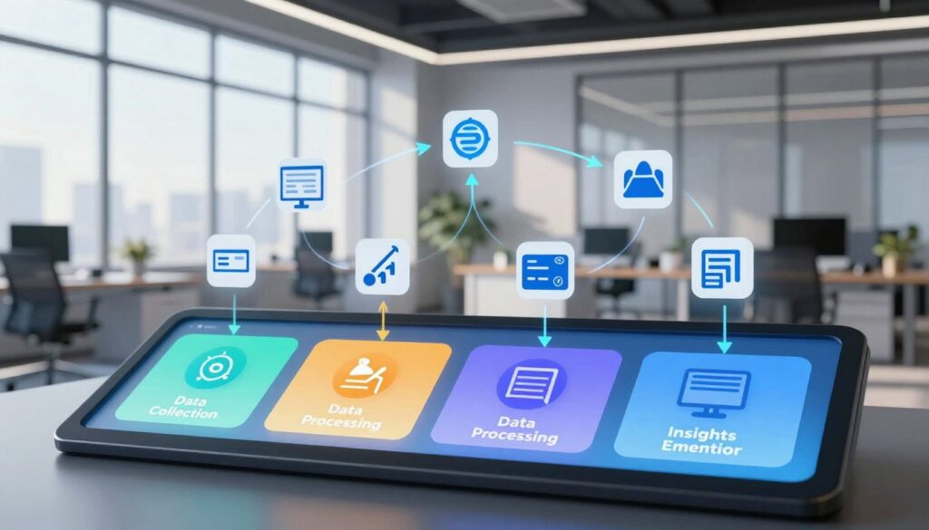 A modern digital workspace illustrating a four-step AI automation cycle for data workflows. In the foreground, an interactive touchscreen panel displays vibrant diagrams of each workflow step: data collection, data processing, automation, and insights generation. The middle layer features stylized icons representing various marketing tools, interspersed with flowing arrows symbolizing data movement between steps. In the background, a sleek office setting with large windows allowing natural light, casting soft shadows, enhances the atmosphere of innovation and efficiency. Use a wide-angle lens effect to capture the entire scene, evoking a mood of professionalism and futuristic technology integration, with a cool color palette emphasizing a tech-savvy environment. No text or branding elements are present.