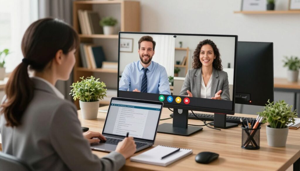 A modern home office setting featuring a diverse group of remote workers engaged in a virtual meeting. In the foreground, a middle-aged woman in professional attire is attentively looking at her laptop screen, jotting down notes. The middle area includes two colleagues on video call displayed on a large monitor, showcasing a man in a shirt and tie and a woman in smart casual wear, both smiling and discussing. The background depicts shelves with health-related books and a plant, symbolizing well-being. Soft natural lighting pours in through a window, creating a warm and inviting atmosphere. The angle is slightly elevated, capturing the interaction between the remote workers and evoking a sense of connection and teamwork. The overall mood is focused yet collaborative, emphasizing the importance of health insurance for those working remotely. A modern home office setting featuring a diverse group of remote workers engaged in a virtual meeting. In the foreground, a middle-aged woman in professional attire is attentively looking at her laptop screen, jotting down notes. The middle area includes two colleagues on video call displayed on a large monitor, showcasing a man in a shirt and tie and a woman in smart casual wear, both smiling and discussing. The background depicts shelves with health-related books and a plant, symbolizing well-being. Soft natural lighting pours in through a window, creating a warm and inviting atmosphere. The angle is slightly elevated, capturing the interaction between the remote workers and evoking a sense of connection and teamwork. The overall mood is focused yet collaborative, emphasizing the importance of health insurance for those working remotely.