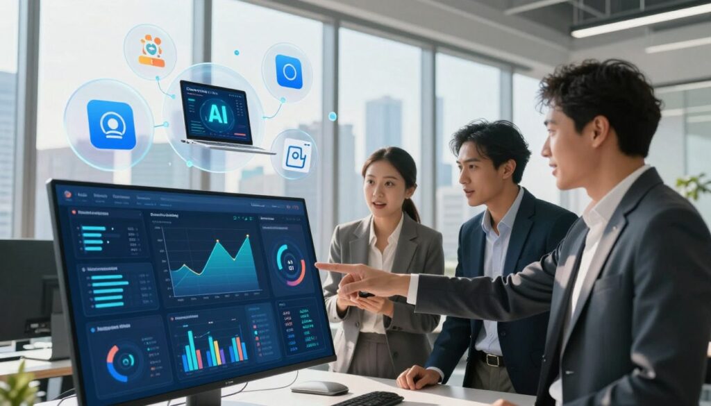 A modern marketing platform visualization set in a sleek, high-tech office environment. In the foreground, a large interactive digital dashboard displays vibrant analytics, graphs, and AI-driven insights. A diverse group of three professionals, dressed in smart business attire, collaborates around the dashboard, pointing at key metrics with enthusiastic expressions. In the middle ground, various AI marketing tools and software icons float in semi-transparent bubbles, representing integration and collaboration. The background features a panoramic view of a city skyline through large windows, bathed in bright, natural sunlight, creating an energetic atmosphere. The overall mood is dynamic and innovative, suggesting a cutting-edge approach to marketing in the digital age. Use a photorealistic style with depth of field, ensuring the focus is on the professionals and the dashboard.