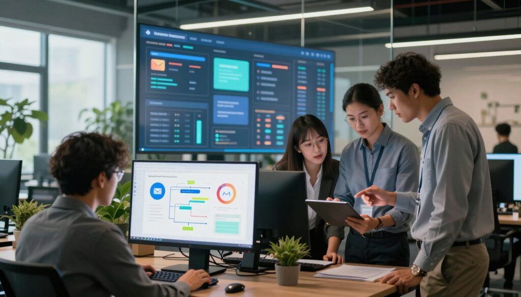 A modern office environment illustrating the concept of behavior-based SaaS email automation. In the foreground, a sleek computer screen displays vibrant charts and graphs representing user engagement metrics and automated email flows. Nearby, a diverse group of three professionals, dressed in smart business attire, actively collaborate over a digital tablet, brainstorming strategies. In the middle, a large glass wall showcases a digital dashboard filled with notifications and analytics, glowing softly with a blue hue. The background features lush indoor plants and a large window allowing natural light to flood the space, creating an inviting atmosphere. The scene conveys a sense of innovation and productivity, with soft, warm lighting emphasizing teamwork and focus.