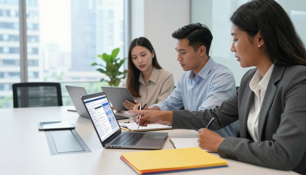 A modern office scene showcasing a diverse group of three professionals evaluating various AI marketing tools. In the foreground, a sleek conference table is cluttered with laptops, tablets, and color-coded folders reflecting different marketing strategies. One individual, a Black woman in professional attire, is pointing at a digital presentation on a laptop, while a Hispanic man is taking notes. The middle ground features a white woman examining a tablet, her expression focused and engaged. The background reveals a large window with a cityscape view, illuminating the room with natural light. The atmosphere is collaborative and innovative, emphasizing teamwork and strategic planning. Use a slightly tilted perspective to convey action and dynamism in a well-lit, contemporary workspace. A modern office scene showcasing a diverse group of three professionals evaluating various AI marketing tools. In the foreground, a sleek conference table is cluttered with laptops, tablets, and color-coded folders reflecting different marketing strategies. One individual, a Black woman in professional attire, is pointing at a digital presentation on a laptop, while a Hispanic man is taking notes. The middle ground features a white woman examining a tablet, her expression focused and engaged. The background reveals a large window with a cityscape view, illuminating the room with natural light. The atmosphere is collaborative and innovative, emphasizing teamwork and strategic planning. Use a slightly tilted perspective to convey action and dynamism in a well-lit, contemporary workspace.