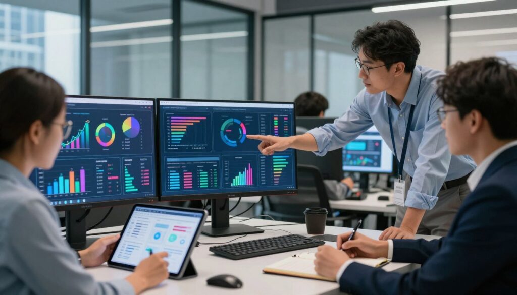 A modern office setting filled with digital screens displaying colorful charts, graphs, and analytics dashboards. In the foreground, a diverse group of professionals in business attire (a woman with glasses analyzing data on a tablet, a man pointing at a screen, and another person taking notes) engages in a discussion about marketing strategies. In the middle ground, large monitors showcase intricate data visualizations and AI-driven insights related to marketing performance. The background features glass walls with city views, conveying a high-tech and professional atmosphere. Soft, diffused lighting highlights the workspace, while a shallow depth of field focuses on the analytics interfaces, creating a dynamic and engaging ambiance for understanding AI marketing tools.