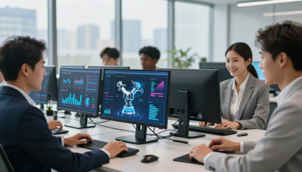 A modern office setting illustrating the concept of business competitive advantage through AI automation. In the foreground, a diverse group of professionals in smart business attire engages with sophisticated digital interfaces, showcasing charts and graphs analyzing data. In the middle, sleek computers with vibrant screens display AI-driven analytics and robotic process automation in action, symbolizing efficiency and speed. The background features a large window with a cityscape view, hinting at a dynamic business environment. Soft, natural lighting enhances the professional atmosphere, while a slight lens blur creates depth, focusing on the interactions between the team and the technology. The mood is optimistic and forward-thinking, emphasizing innovation and the transformative power of AI in business.