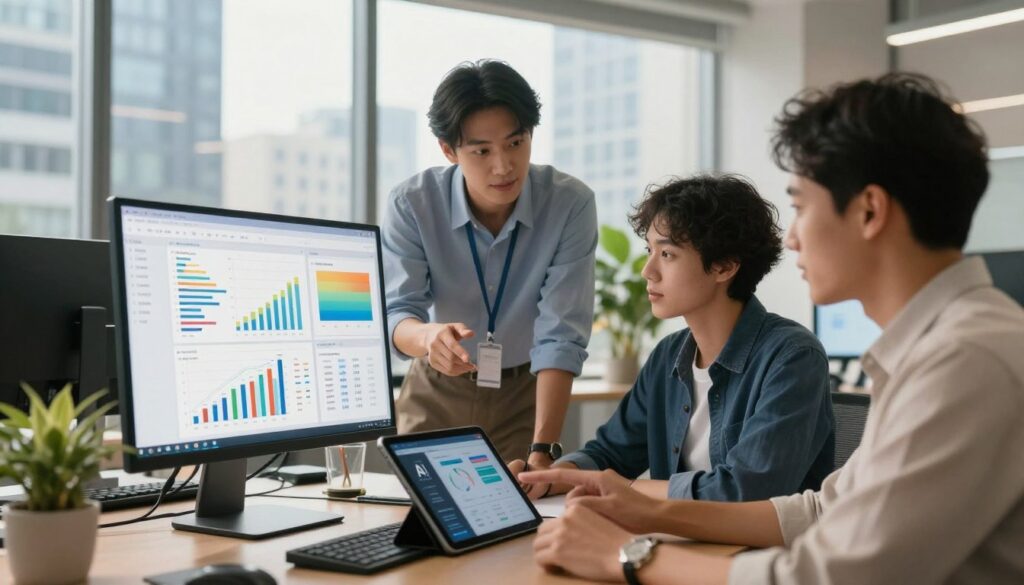 A modern office setting showcasing a diverse group of professionals collaborating effectively with advanced AI automation tools. In the foreground, a sleek computer monitor displays analytical dashboards, with vibrant graphs and charts illuminating the screen. In the middle, two businesspeople in smart casual attire discuss a project, one pointing to a tablet that showcases an AI tool interface. The background features a large window revealing a bustling cityscape, bathing the scene in warm, natural light. Soft focus on plants adds a touch of greenery, enhancing the atmosphere of innovation and productivity. Capture the essence of teamwork and the integration of technology in marketing operations, evoking a sense of forward-thinking and efficiency.