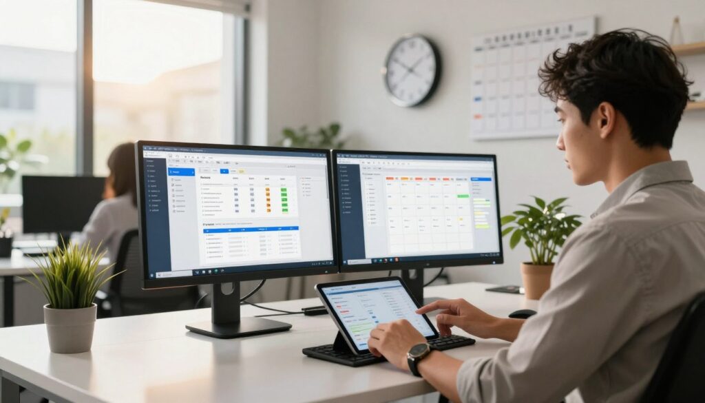 A modern office space with a sleek desk featuring dual monitors displaying social media scheduling software and automation tools. In the foreground, a focused business professional, dressed in smart casual attire, is engaged with a tablet, analyzing data. The middle ground highlights a wall clock, symbolizing time management, and a calendar filled with scheduled posts. In the background, large windows let in warm, natural sunlight, creating an inviting atmosphere. Plant decor adds a touch of greenery, symbolizing growth. The image captures a dynamic sense of productivity, emphasizing the efficient use of AI for social media marketing. Soft, ambient lighting enhances the professional yet relaxed setting, while the camera angle emphasizes the interaction between technology and the person. The overall mood is optimistic and forward-thinking. A modern office space with a sleek desk featuring dual monitors displaying social media scheduling software and automation tools. In the foreground, a focused business professional, dressed in smart casual attire, is engaged with a tablet, analyzing data. The middle ground highlights a wall clock, symbolizing time management, and a calendar filled with scheduled posts. In the background, large windows let in warm, natural sunlight, creating an inviting atmosphere. Plant decor adds a touch of greenery, symbolizing growth. The image captures a dynamic sense of productivity, emphasizing the efficient use of AI for social media marketing. Soft, ambient lighting enhances the professional yet relaxed setting, while the camera angle emphasizes the interaction between technology and the person. The overall mood is optimistic and forward-thinking.
