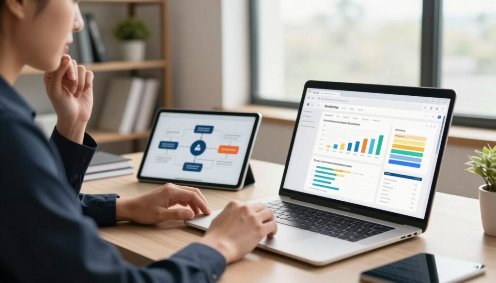 A modern office workspace, beautifully lit with warm, natural light streaming through large windows. In the foreground, a sleek desk with a laptop open, displaying an email marketing dashboard filled with colorful graphs and engagement metrics. To the left, a person in professional business attire, intently reviewing the screen with a thoughtful expression, symbolizing analysis and decision-making. In the middle ground, a digital tablet rests, showcasing a flowchart of lead generation strategies. The background features shelves with neatly organized books and a small plant for a touch of greenery, creating a calm yet focused atmosphere. The overall mood is professional and innovative, emphasizing the importance of smart choices in AI-powered email marketing tools.