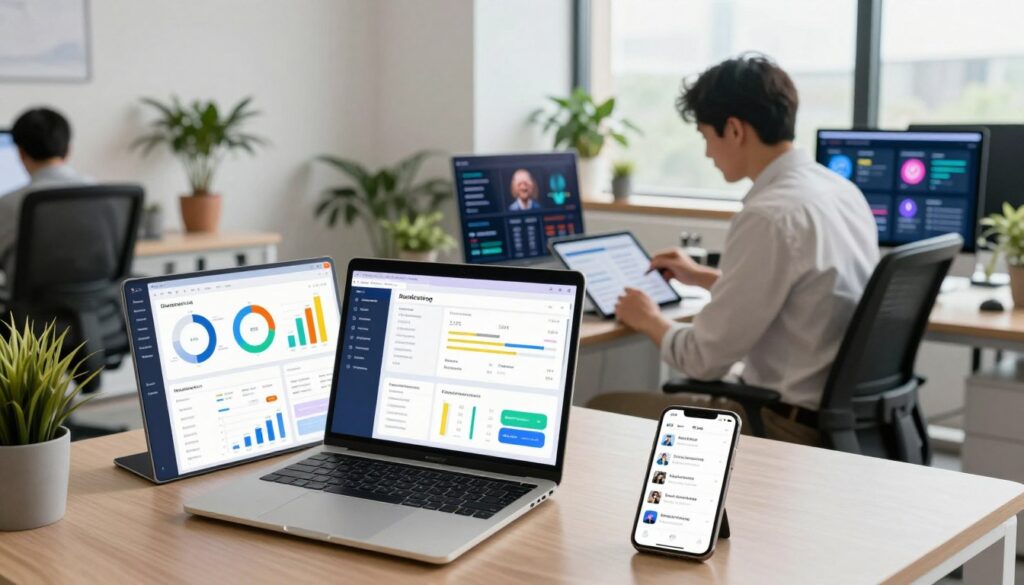 A modern office workspace showcasing an array of AI marketing tools. In the foreground, a sleek laptop displays colorful analytics dashboards and charts. To the right, a smartphone shows notifications for marketing campaigns. Among the tools, digital screens exhibit social media engagement metrics. In the middle ground, a focused professional in business attire reviews reports, actively engaging with the data on a tablet. The background features a minimalist office environment with potted plants and contemporary furnishings, enhancing a productive atmosphere. Natural light floods the scene through large windows, creating a bright and inviting mood. The image should be shot from a slightly elevated angle, capturing the sense of innovation and growth associated with AI marketing tools. A modern office workspace showcasing an array of AI marketing tools. In the foreground, a sleek laptop displays colorful analytics dashboards and charts. To the right, a smartphone shows notifications for marketing campaigns. Among the tools, digital screens exhibit social media engagement metrics. In the middle ground, a focused professional in business attire reviews reports, actively engaging with the data on a tablet. The background features a minimalist office environment with potted plants and contemporary furnishings, enhancing a productive atmosphere. Natural light floods the scene through large windows, creating a bright and inviting mood. The image should be shot from a slightly elevated angle, capturing the sense of innovation and growth associated with AI marketing tools.