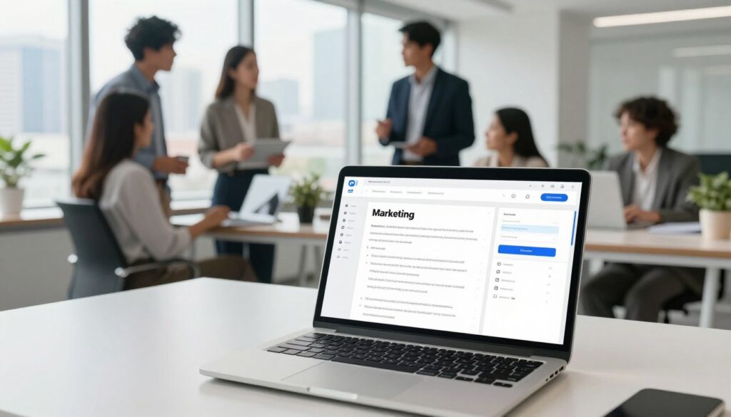 A modern, sleek marketing writing platform interface displayed on a laptop screen in a well-lit office environment. In the foreground, the laptop is open, showcasing a vibrant dashboard with analytics, writing prompts, and collaborative tools highlighted. The middle ground features a diverse group of marketing professionals—two men and two women in professional business attire—engaged in discussion while pointing at the screen. In the background, large windows reveal a bright city skyline, enhancing the atmosphere of innovation and creativity. Soft, natural lighting floods the room, creating an inviting and productive mood. The composition is shot from a slightly elevated angle, providing a comprehensive view of both the screen and the team collaboration.