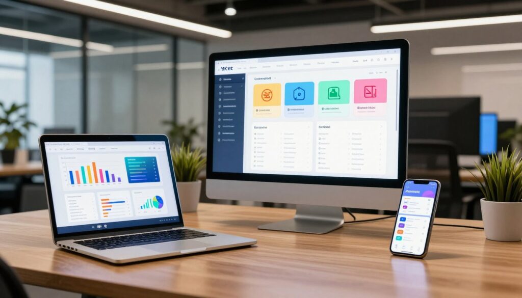 A modern, sleek workspace showcasing various AI marketing tools in action. In the foreground, a polished wooden desk featuring a laptop with vibrant graphs and analytics displayed on the screen. Beside it, a smartphone displays a user-friendly marketing app interface. In the middle, a large monitor showing a colorful dashboard with key features highlighted, like automation, analytics, and reporting tools. The background features a stylish open office with bright ambient lighting, clear glass partitions, and greenery to convey innovation and productivity. The mood is professional and energetic, emphasizing cutting-edge technology and collaborative work. The image should be well-lit, with a focus on clarity and detail, capturing the essence of AI marketing capabilities.