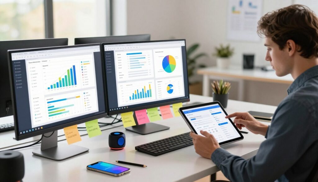 A modern, visually engaging digital workspace showcasing an array of sleek AI tools for email marketing. In the foreground, glossy computer screens display interactive dashboards filled with vibrant graphs and analytics. To the right, a professional in business attire reviews data on their tablet, exuding focus and expertise. In the middle ground, colorful sticky notes highlight key features of the tools used for email marketing, while high-tech devices like smartphones and smart speakers lay strewn about. The background features a minimalistic office ambiance with soft, natural lighting filtering through large windows, casting a warm glow over the scene. The overall mood is dynamic and innovative, reflecting the cutting-edge nature of AI in email marketing and lead generation.