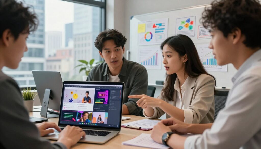 A modern workspace featuring a diverse group of professionals collaborating on digital marketing projects. In the foreground, a laptop screen displays vibrant visuals and dynamic video clips designed for social media platforms. The middle ground includes two individuals, one male and one female, dressed in smart casual attire, pointing at the screen and discussing ideas enthusiastically. Behind them, a whiteboard filled with colorful sketches of marketing concepts and analytics graphs suggests creativity and strategy. Soft, ambient lighting creates an inviting atmosphere, while a large window reveals a bustling cityscape outside, symbolizing connectivity and engagement. The focal point captures the energy and innovation of using AI tools effectively in visual content creation. A modern workspace featuring a diverse group of professionals collaborating on digital marketing projects. In the foreground, a laptop screen displays vibrant visuals and dynamic video clips designed for social media platforms. The middle ground includes two individuals, one male and one female, dressed in smart casual attire, pointing at the screen and discussing ideas enthusiastically. Behind them, a whiteboard filled with colorful sketches of marketing concepts and analytics graphs suggests creativity and strategy. Soft, ambient lighting creates an inviting atmosphere, while a large window reveals a bustling cityscape outside, symbolizing connectivity and engagement. The focal point captures the energy and innovation of using AI tools effectively in visual content creation.