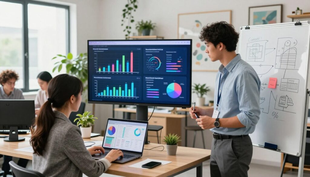 A modern workspace featuring a diverse group of professionals collaboratively building a social media marketing strategy. In the foreground, a focused woman in business attire is analyzing data on a laptop, while a man beside her sketches ideas on a whiteboard. In the middle, a large screen displays vibrant analytics graphs and AI-generated insights, blending technology with creativity. The background shows a stylish office with plants and art, flooded with natural light from large windows. The camera angle is slightly above eye level, capturing the teamwork and dynamic atmosphere. Emphasize a sense of innovation and productivity, highlighting the role of AI tools as empowering assets in the creative process. A modern workspace featuring a diverse group of professionals collaboratively building a social media marketing strategy. In the foreground, a focused woman in business attire is analyzing data on a laptop, while a man beside her sketches ideas on a whiteboard. In the middle, a large screen displays vibrant analytics graphs and AI-generated insights, blending technology with creativity. The background shows a stylish office with plants and art, flooded with natural light from large windows. The camera angle is slightly above eye level, capturing the teamwork and dynamic atmosphere. Emphasize a sense of innovation and productivity, highlighting the role of AI tools as empowering assets in the creative process.