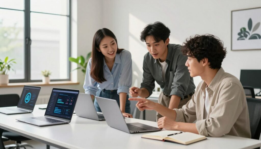 A modern workspace featuring a diverse group of three professionals engaged in brainstorming and collaboration. The foreground includes a sleek, white table with open laptops, notebooks, and digital devices showcasing AI tools. In the middle ground, the team—two women and one man—are dressed in smart casual attire, expressing enthusiasm as they discuss ideas, pointing at data on a laptop screen. The background features a large window with natural light flooding in, casting soft shadows, and a minimalist office design with plants and motivational art on the walls. The atmosphere is dynamic and innovative, capturing the essence of teamwork and creativity in content marketing and SEO strategies. The image is bright, well-lit, and professionally composed to reflect a productive environment.
