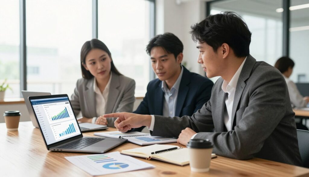 A modern workspace showcasing a professional setting dedicated to selecting AI marketing tools. In the foreground, a sleek wooden table displays a laptop open to an analytics dashboard, alongside notebooks, charts, and a cup of coffee, emphasizing organization and productivity. In the middle ground, a diverse group of three professionals—two men and one woman—dressed in business attire, are engaged in discussion and analysis, pointing at the laptop screen and examining charts, showcasing collaboration. In the background, large windows allow natural light to flood the room, creating a bright, optimistic atmosphere. The scene has a clean, modern aesthetic with soft shadows, a warm color palette, and an overall sense of focus and determination in the air.