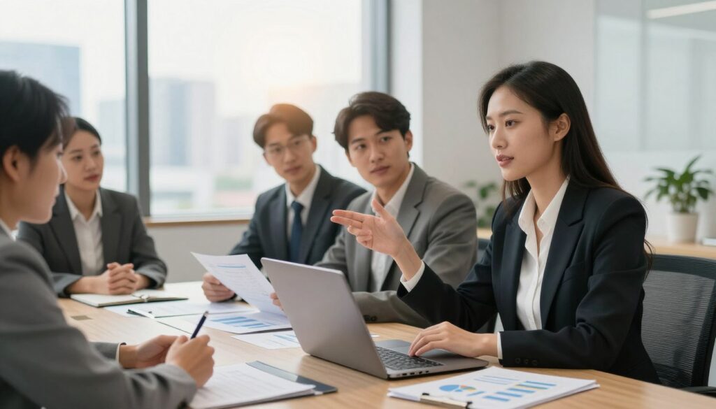 A professional business meeting in a modern office setting, showcasing a diverse group of four people gathered around a conference table. In the foreground, a woman in smart attire passionately presents insurance data on a laptop, her expressions capturing confidence and engagement. In the middle ground, two attentive colleagues, a man and a woman, nod in agreement as they review printed graphs and charts, their expressions conveying a sense of validation and trust. The background displays a large window with a city skyline, allowing warm, natural light to illuminate the scene, enhancing the feeling of collaboration and assurance. The atmosphere is focused yet optimistic, highlighting the concept of social proof in decision-making related to risk and insurance.