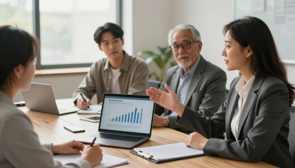 A professional office setting, with a diverse group of individuals seated around a conference table, discussing disability insurance. In the foreground, a middle-aged woman in a smart business suit gestures while explaining a graph depicting disability statistics on a laptop screen. In the middle, a young man in a casual but professional outfit takes notes, while a senior gentleman in glasses listens attentively. In the background, large windows let in soft, natural light, illuminating the room and giving it a warm atmosphere. The color palette is calm and professional, with a hint of optimism, suggesting hope and security. The angle is slightly elevated, providing a comprehensive view of the interaction, emphasizing collaboration and discussion.
