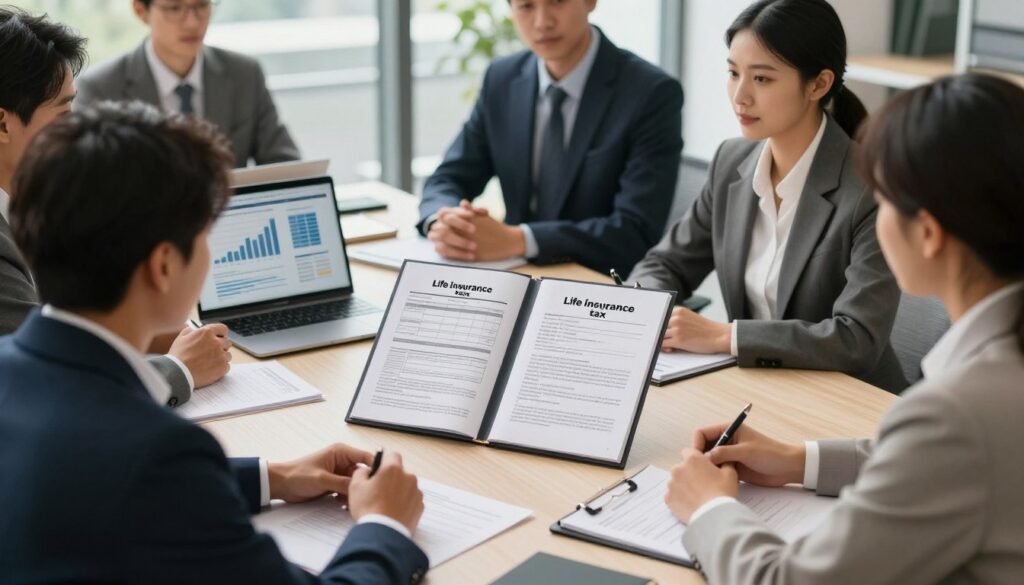 A professional setting symbolizing "life insurance tax" and its benefits, foreground features a diverse group of individuals in business attire engaged in a discussion around a large table, with documents and a laptop featuring financial graphs. In the middle, an open folder displays tax forms and a life insurance policy, symbolizing financial planning. The background showcases a sleek, modern office interior with large windows allowing soft natural light to filter in, creating a warm and inviting atmosphere. The scene conveys a sense of collaboration and security, reflecting the theme of tax advantages and estate planning, with a focus on professionalism and trust. The angle is slightly elevated, providing a comprehensive view of the interaction while maintaining a calm and organized mood.