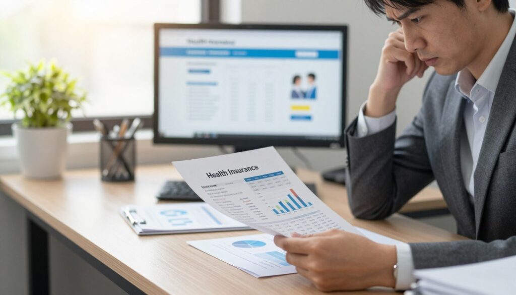 A professional, well-dressed person in an office environment, seated at a desk reviewing health insurance documents and calculations, reflecting concern over financial implications. In the foreground, neatly organized paperwork showcases charts and graphs indicating rising medical costs and potential savings from insurance coverage. The middle ground includes a computer screen displaying a health insurance comparison website. The background features a window with soft natural light, casting a warm glow over the scene, while a potted plant adds a touch of calmness. The atmosphere conveys a sense of urgency and contemplation, highlighting the importance of health insurance for financial stability.