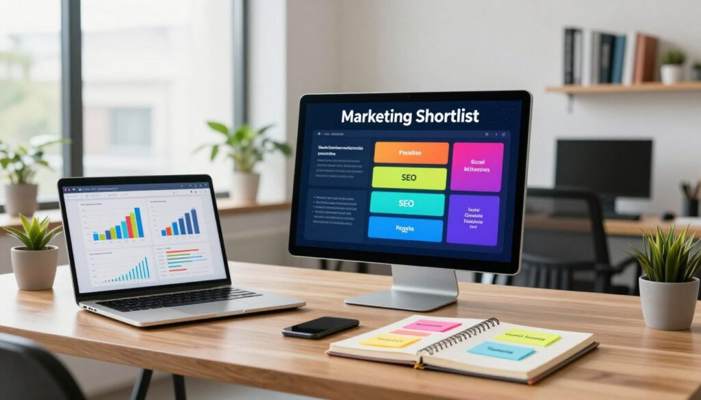 A professional workspace showcasing a clear "Marketing Shortlist" concept. In the foreground, a sleek wooden desk with an open laptop displaying graphs and data analytics. Beside it, a neatly organized notebook with colorful sticky notes indicating different AI marketing tools categorized by function, such as social media, SEO, and email marketing. In the middle, a modern digital screen showing a vibrant infographic summarizing key points and categories. The background features a bright, well-lit office environment, with large windows allowing natural light to flood in, plants for a touch of greenery, and minimalistic shelves displaying marketing books. The mood is focused and innovative, symbolizing a future-driven approach to marketing in a collaborative workspace.