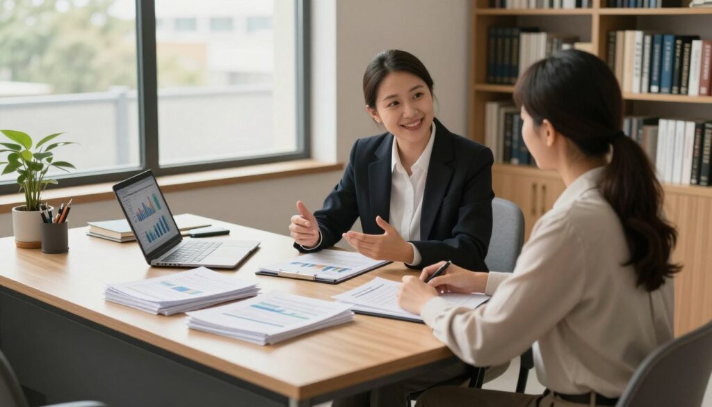A serene and inviting financial planning office, meticulously organized, with an oversized desk in the foreground showcasing neatly stacked financial reports and a laptop displaying charts. In the middle ground, a confident financial advisor, dressed in professional business attire, is seated across from a client, discussing strategies to secure a protected financial future. The background reveals large windows allowing soft natural light to filter in, illuminating the room with a warm glow, and a bookshelf filled with finance and insurance literature. The atmosphere is calm and motivational, reflecting the importance of a solid financial foundation for achieving financial freedom. The composition is shot from a slightly high angle, creating a sense of openness while emphasizing the advisory relationship.
