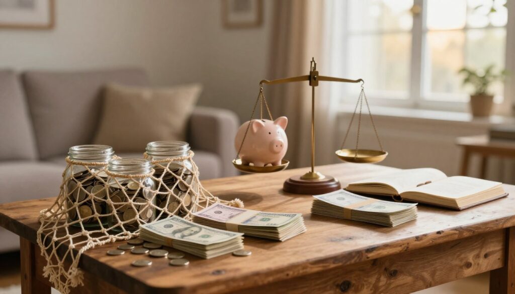 A serene and inviting scene depicting the concept of a "traditional savings safety net." In the foreground, a sturdy, woven net made of natural fibers is delicately draped over a vintage wooden table filled with jars of coins and stacks of neatly organized bills. In the middle ground, a subtle balance scale stands, weighing a small piggy bank next to a stack of notes and an open savings book, highlighting the value of savings. The background features a soft-focus, cozy living room with gentle, warm lighting from a large window, casting golden rays that enhance the comforting atmosphere. The overall mood is one of financial security and stability, encouraging reflection on the importance of savings as a safety net.